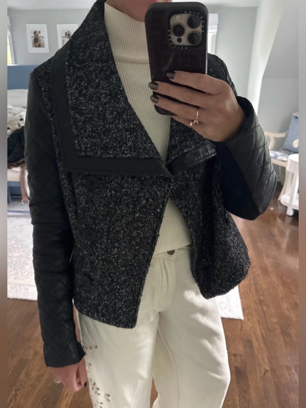 Women’s Cropped Bouclé & Quilted Genuine Leather Jacket - Black/Grey